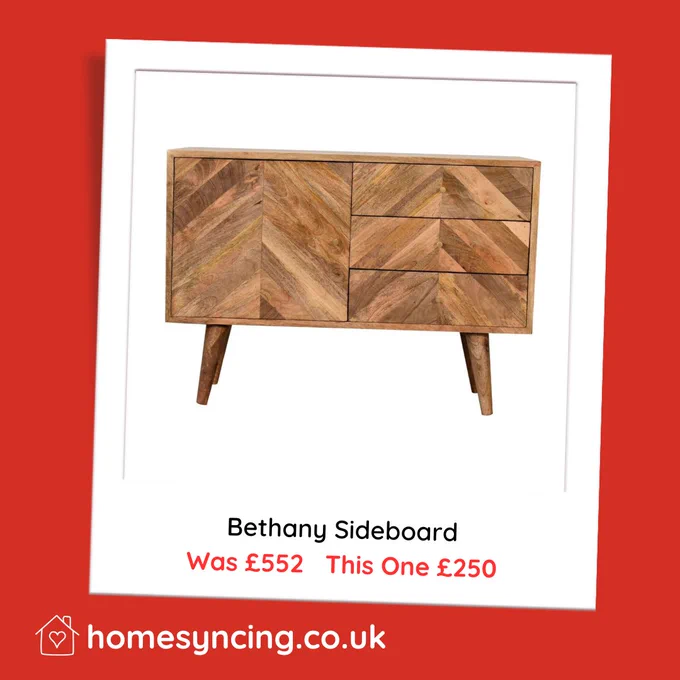 Bethany Sideboard,
was £552 this one £250.
light wood chevron design wood grain sideboard,  double cupboard with three drawers.
nordic legs.
homesyncing.co.uk