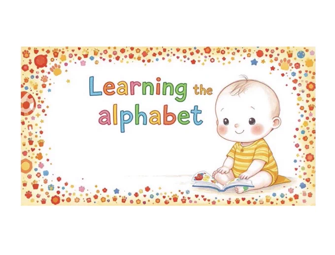 Cover of book learning the alphabet. Shows the title in colorful letters and a baby sitting next to a book