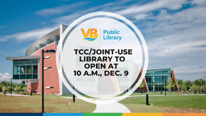 TCC/Joint-Use Library announcement banner, stating the library will open at 10 AM, December 9. The image in the background is the Joint-Use Library.
