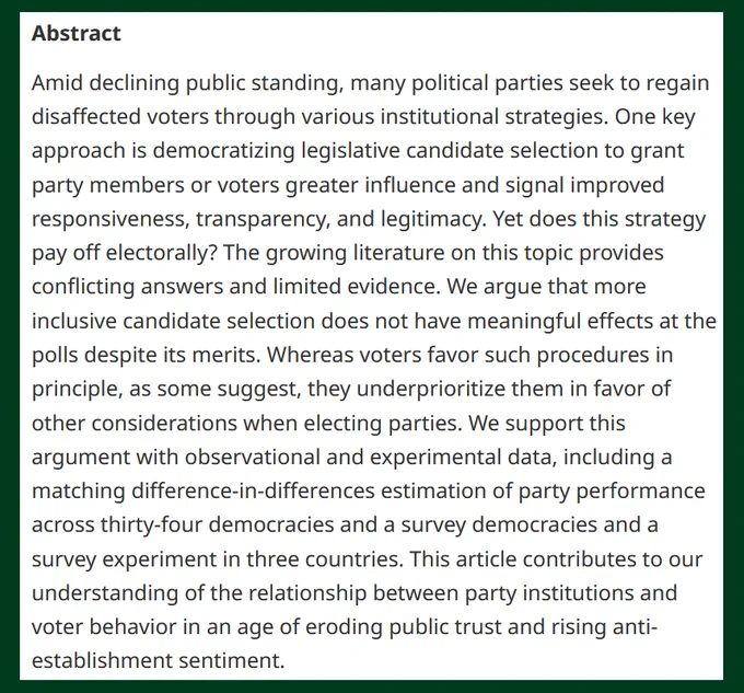 BJPolS abstract of a scholarly article discussing the impact of political party strategies on democracy and voter sentiment, emphasizing the need for transparency and legitimacy. The article argues against payoff elections, advocating for a more principled approach to improving democratic processes.