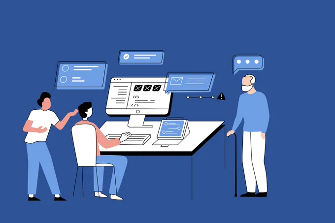 Illustration of three people engaging with digital technology at a desk, featuring a computer monitor displaying coding icons and messages.