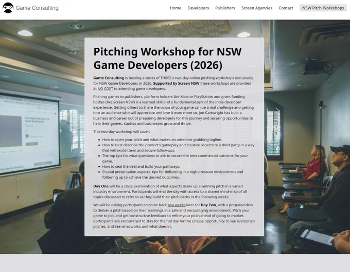 Pitching Workshop for NSW Game Developers (2026)