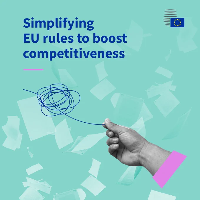 A hand holding a blue thread that transitions from a tangled knot to a straight line, symbolising the simplification of EU rules to enhance competitiveness. The background features scattered documents and the text "Simplifying EU rules to boost competitiveness" alongside the EU logo.