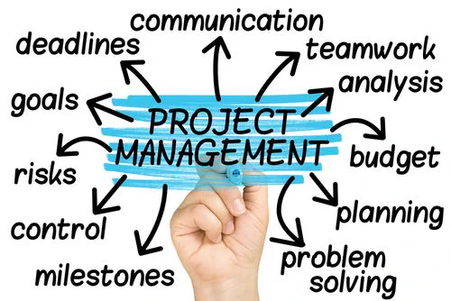 A hand holding a blue paintbrush stroke with the words “Project Management” in the centre. Around it, handwritten black arrows point to terms such as communication, teamwork, analysis, budget, planning, problem solving, milestones, control, risks, goals, and deadlines.