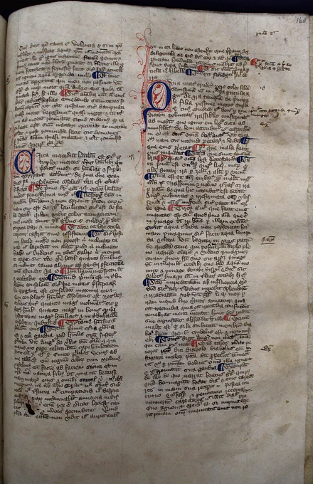 The text is in two columns. Capitals are in blue with red and white decorative foliage. The text also has red and blue alternating markers within the text that are presumably some sort of section dividers, paragraph dividers or something similar.