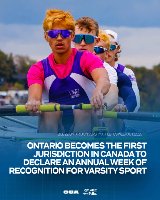Photo of Western rowers with a blue gradient over the bottom of the photo with a headline reading Ontario becomes the first jurisdiction in Canada to declare an annual week of recognition for varsity sport