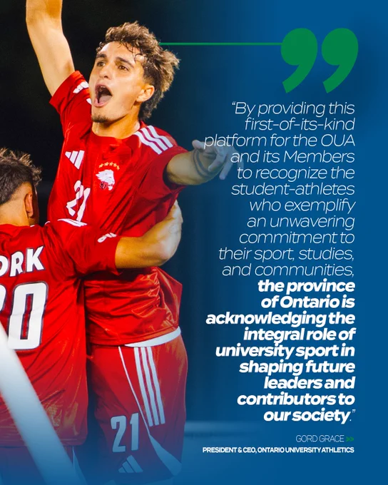Action photo of two York men's soccer players with a Quote from OUA CEO and President Gord Grace about OUA Week in Ontario 