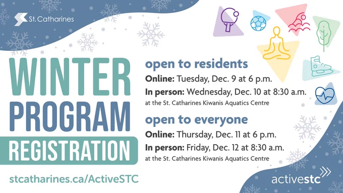 Winter Program Registration graphic with a pickleball paddle, sports ball, yoga, skating and swimming.