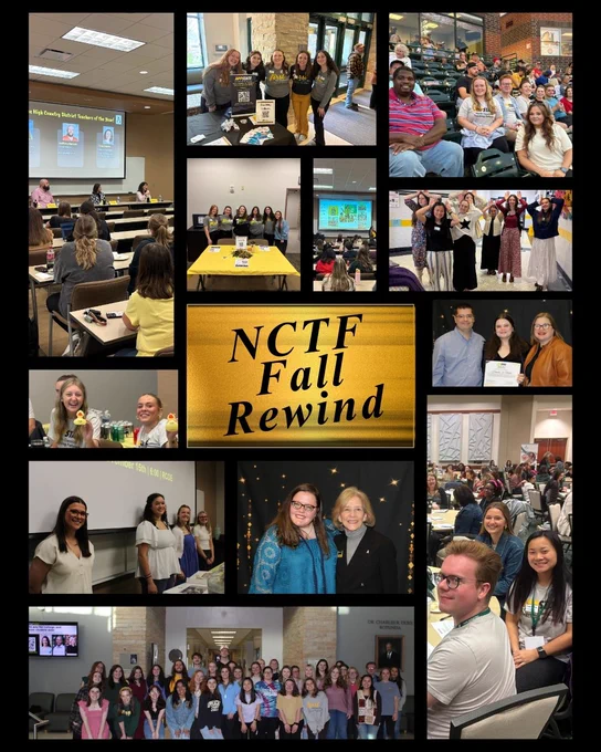 Collage of various scenes from the NCTF Fall Rewind event, featuring groups of attendees in different settings such as presentation sessions, award ceremonies, and social gatherings.