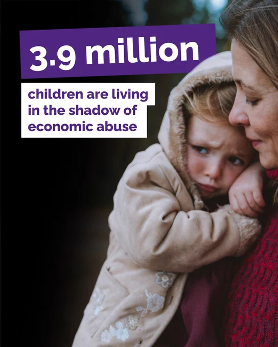 The following text is accompanied by an image of a woman holding her young child outdoors: '3.9 million children are living in the shadow of economic abuse'