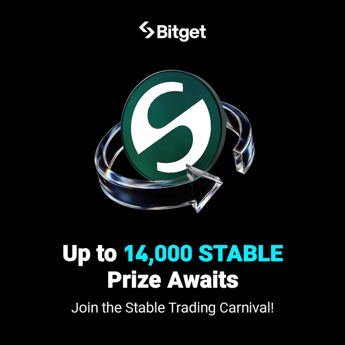 Bitget promotional graphic showing the Stable token with a metallic circular arrow. Text reads: ‘Up to 14,000 STABLE Prize Awaits — Join the Stable Trading Carnival.’ Black background with Bitget logo at the top.