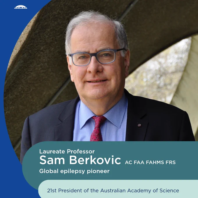 Laureate Professor Sam Berkovic, a global epilepsy pioneer and the 21st President of the Australian Academy of Science, smiling in front of an artistic structure.