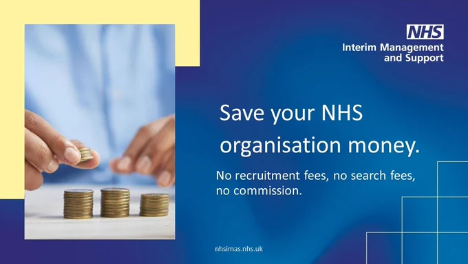 Image of a person counting coins, with promotional text "Save your NHS organisation money. No recruitment fees, no search fees, no commission"