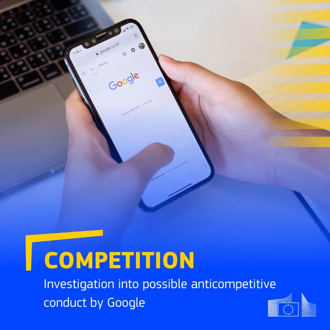 A person is holding a smartphone, which displays the Google search engine homepage, over a laptop keyboard. The bottom portion of the image features a bold, royal blue graphic overlay with text that reads: COMPETITION Investigation into possible anticompetitive conduct by Google. A stylized logo of the European Commission is visible in the bottom right corner.