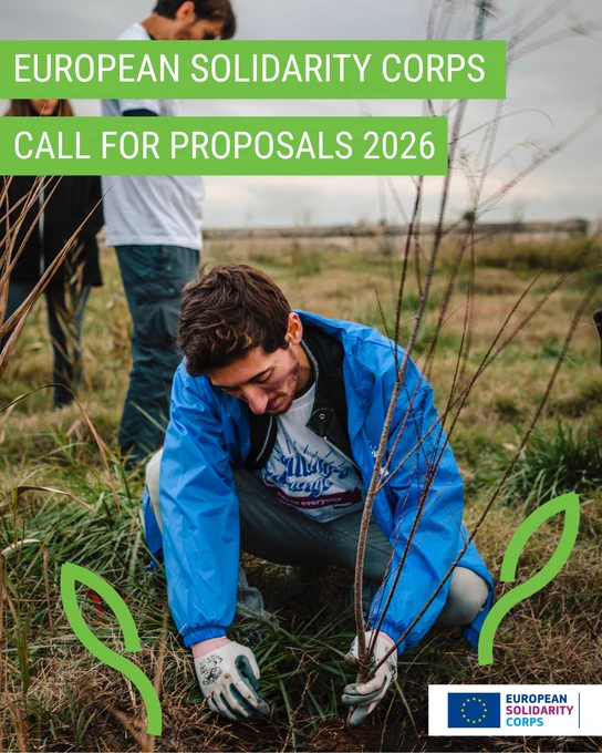 A young volunteer wearing a blue jacket crouches in a grassy field while planting a small tree. Other volunteers stand in the background. Green banners across the top read “European Solidarity Corps” and “Call for Proposals 2026.” Green leaf graphics appear in the bottom corners, and the European Solidarity Corps logo is displayed in the lower right.