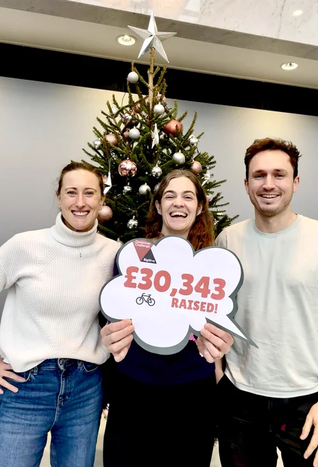 Roxanne, Anna and Josh celebrating Camcycle's Big Give Christmas result in front of a Christmas tree. Anna holds a sign saying £30,343 raised!