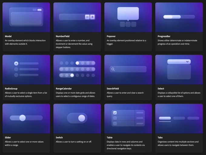 Screenshot showing component card illustrations with pretty gradients for several components.