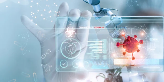 Digital healthcare technology concept featuring a hand interacting with a futuristic interface of molecular structures.