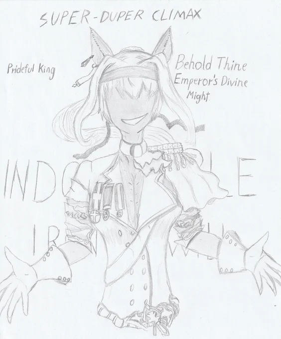 Reference of "Evil Haru Urara" wearing Symboli Rudolf's suit with sleeves pulled up, and King Halo's Gloves and Ear Covers. Background text includes her own Ultimate skill "Super-Duper Climax", as well as King Halo's "Prideful King" and Symboli Rudolf's "Behold Thine Emperor's Divine Might" ultimate skills that are inheritable. With large text behind her being the recovery skills "Indomitable" and "Iron Will"