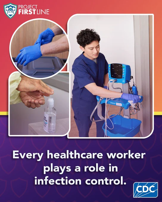 A healthcare worker cleaning medical equipment, gloved hands disposing waste, and a person using hand sanitizer. Text reads” Every healthcare worker plays a role in infection control.” 