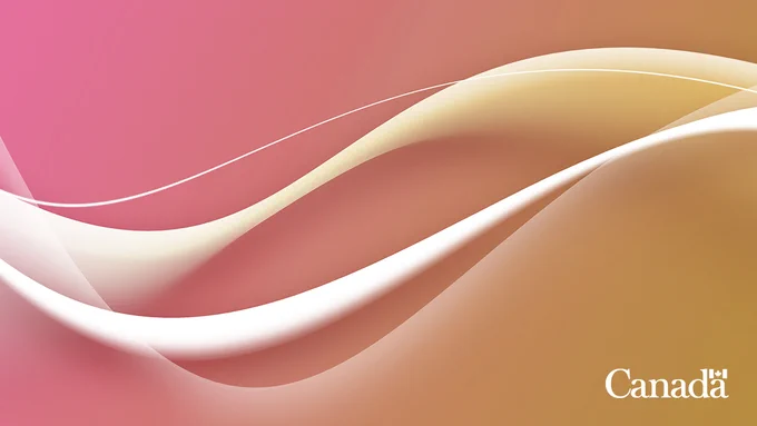 IMAGE : Arrière-plan en teintes dégradées de rose vers l'orange. Lignes sinusoidales blanches à l'horzontale. Logo du Canada en blanc au bas à droite. 