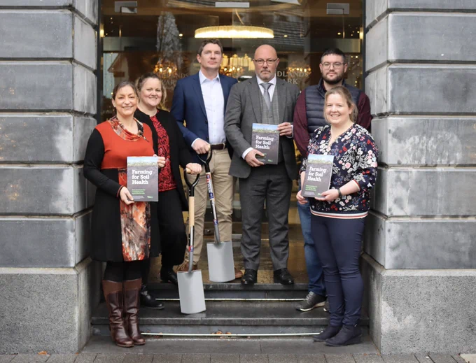 Pictured at the launch of the Farming for Soil Health handbook are (LtoR); Veronica Nyhan, Lilian O'Sullivan, Cathal Somers, John Spink, Aaron Fox, and Fiona Brennan.