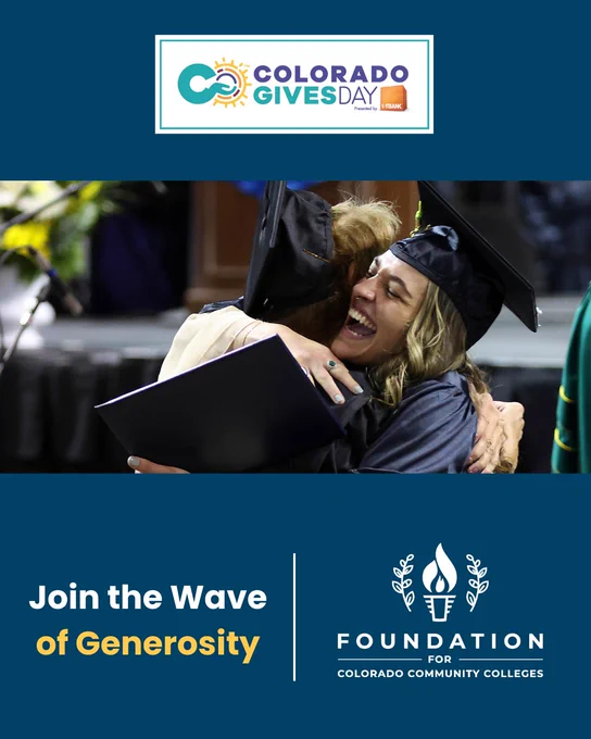 Two graduates in caps and gowns embrace during a commencement ceremony, holding diplomas. The image promotes Colorado Gives Day with the message ‘Join the Wave of Generosity’ and features the logo of the Foundation for Colorado Community Colleges.