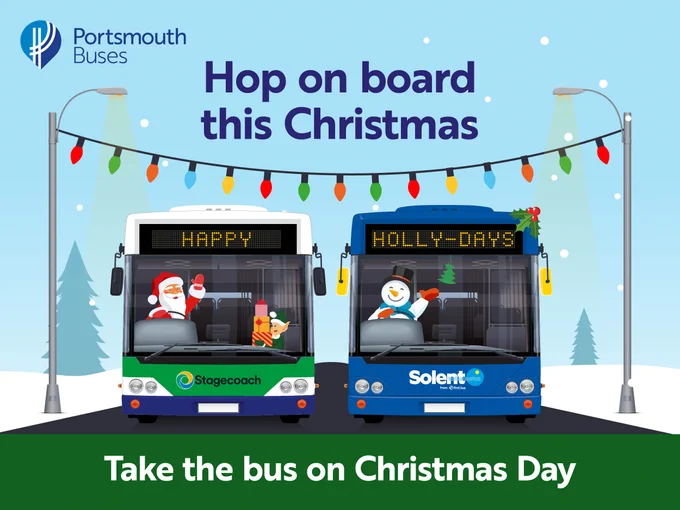 A cartoon of two First and Stagecoach buses being driven by Father Christmas and a snowman. Text reads: Hop on board this Christmas, take the bus on Christmas Day. 