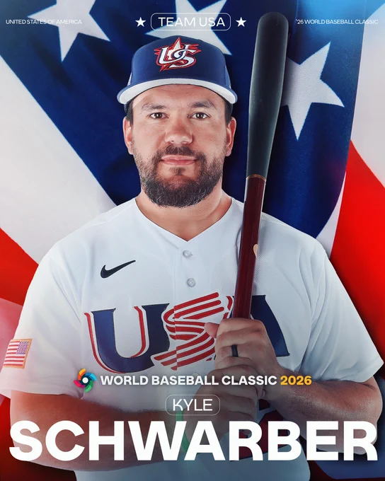 Team USA
2026 World Baseball Classic
Kyle Schwarber
Pictured: Kyle Schwarber wears a Team USA jersey featuring red, white, and blue lettering and a dark blue Team USA cap. Schwarber is holding a bat on his shoulder.