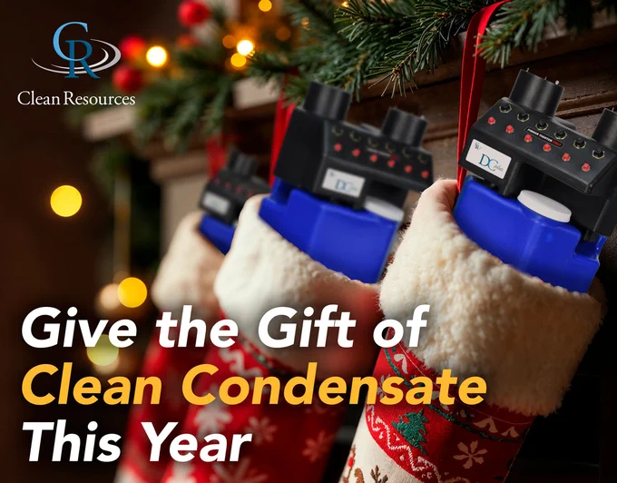 Christmas stockings hung by the fireplace with CRP Series Oil-Water Separators sticking out the top. - Give the Gift of Clean Condensate This Year - Clean Resources