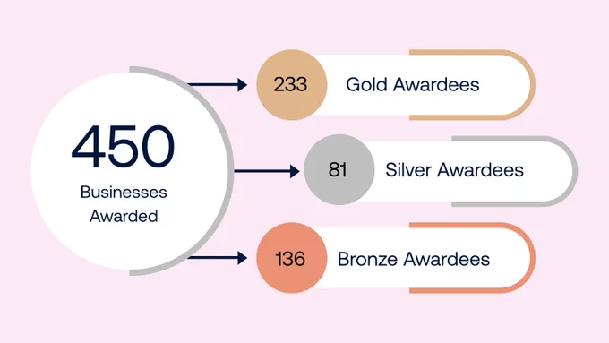 Graphic shows a flow chart with 450 awardees, categorised by Gold (233), Silver (81), and Bronze (136).