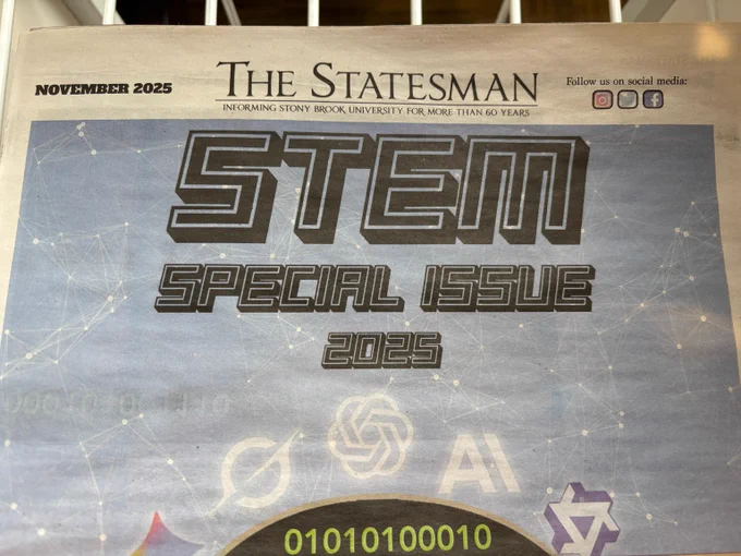 Front page of The Statesman newspaper November 2025 edition featuring a STEM special issue with digital and AI-themed graphics.