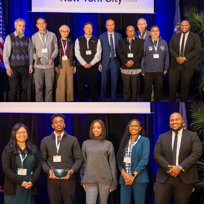 Two additional groups of honorees stand together on stage at the NYC Technology Forum, holding glass awards and smiling for photos.