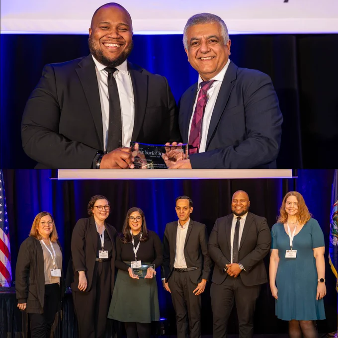 Two photos from the NYC Technology Forum: one of an award presentation between two men on stage, and another of a group of five honorees posing with their award.
