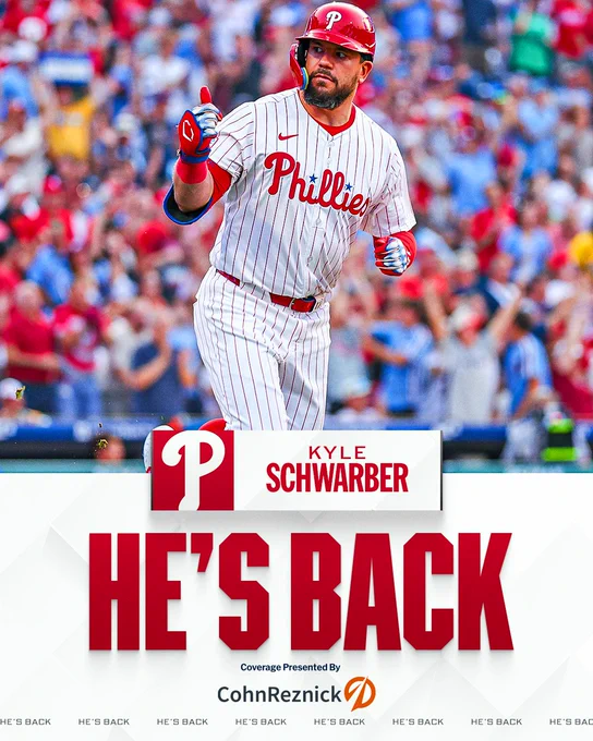 He's Back
Kyle Schwarber to the Philadelphia Phillies
Pictured: Kyle Schwarber wears a white pinstriped Philadelphia Phillies jersey and a red Phillies batting helmet.
Coverage Presented by CohnReznick