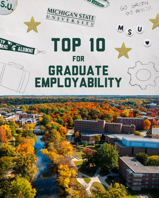 Michigan State University promo: "Top 10 for Graduate Employability" over a campus fall landscape. "Go Green Go White", MSU letters, and gold stars are scattered around the graphic.