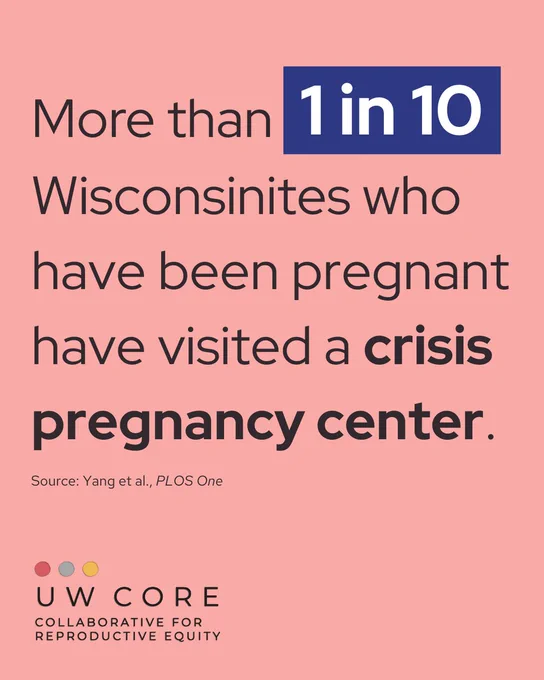 Light pink graphic with black text and UW CORE logo reads "More than 1 in 10 Wisconsinites who have been pregnant have visited a crisis pregnancy center. Source: Yang et al., PLOS One"