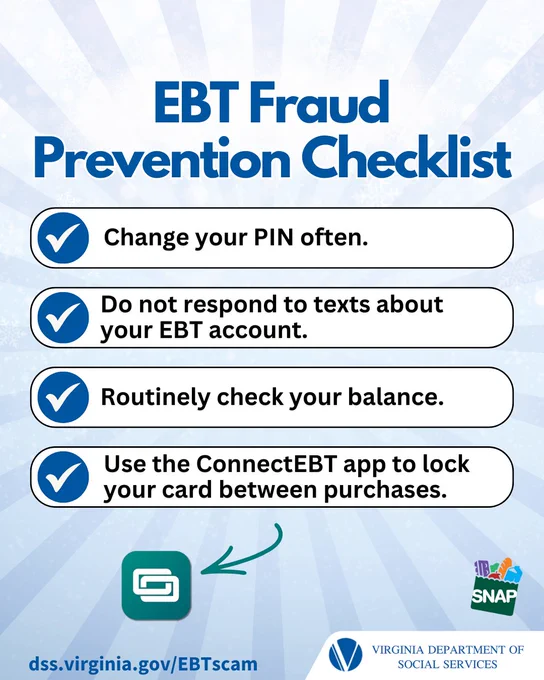 Poster titled 'EBT Fraud Prevention Checklist' by the Virginia Department of Social Services and SNAP, listing steps like changing your PIN often, do not respond to EBT account texts, and routinely check your balance. Features a blue background with checkmarks and the URL dss.virginia.gov/EBTScam.