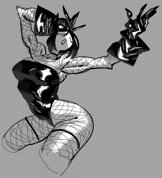 A woman performing a dance. She's wearing a latex body suit, fishnets and latex gloves 