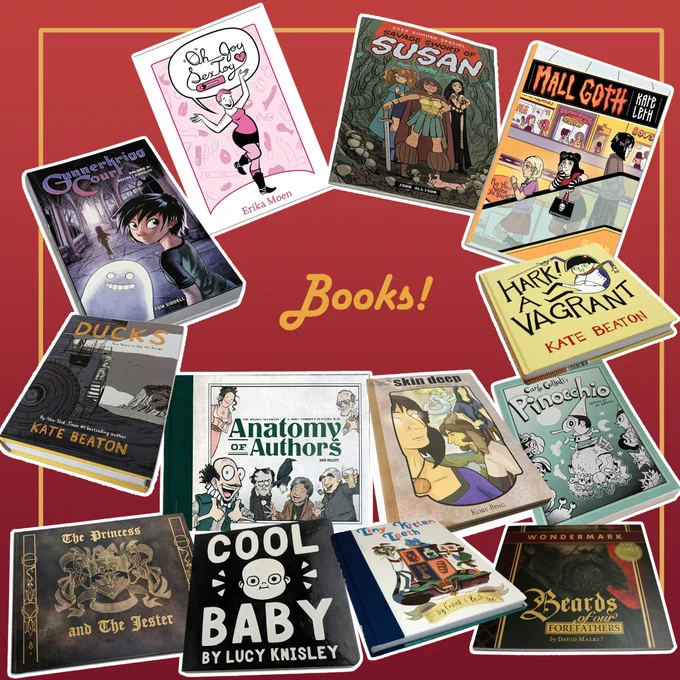 red background hosts a variety of books available on the TopatoCo website