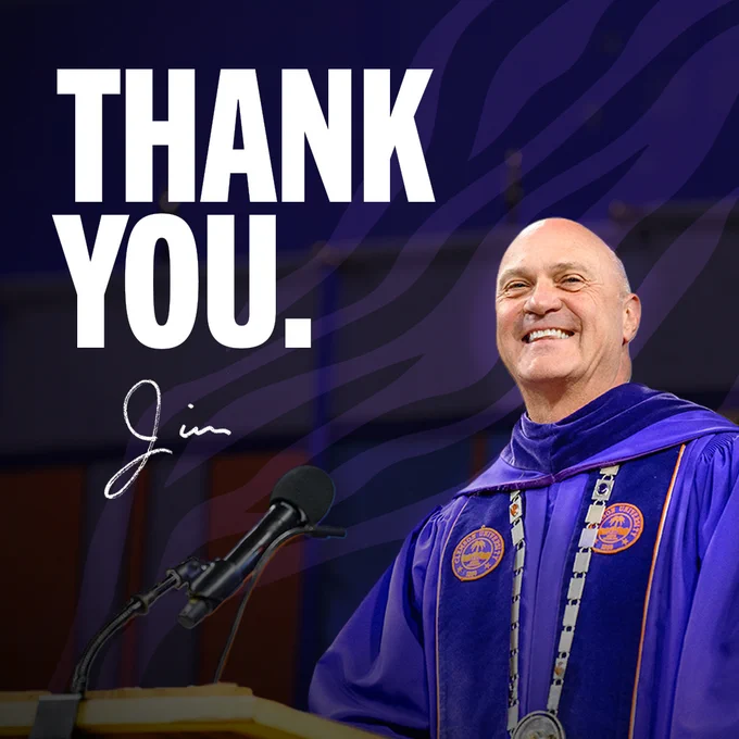 A graphic of President Jim Clements smiles while standing at a podium during graduation at Clemson with text reading "Thank You."