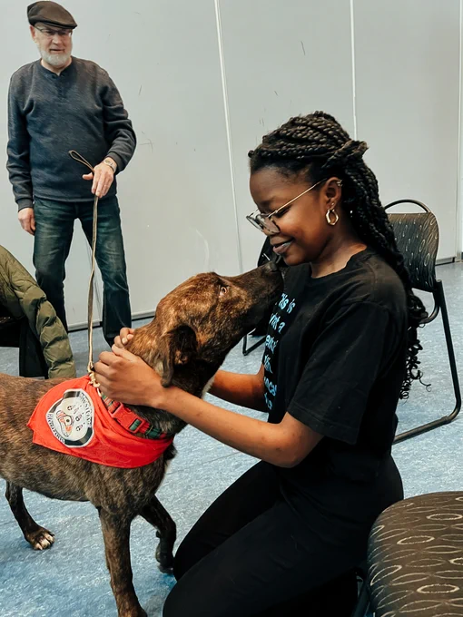 Person in a black shirt and glasses petting a therapy dog in a red vest, while another person watches in the background.