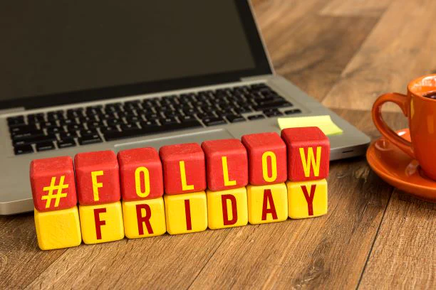 Illustration with a red and yellow blocks in front of a laptop with the words “#Follow Friday” in stylish script.