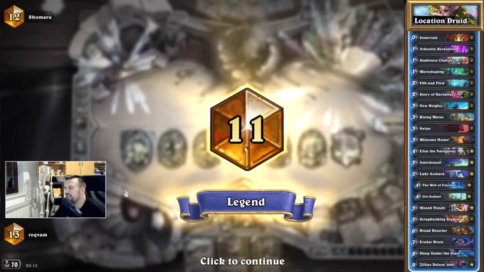 Screencap from reqvam's stream showing his peak rank 11 Legend and the decklist of the Charge Location Druid deck.