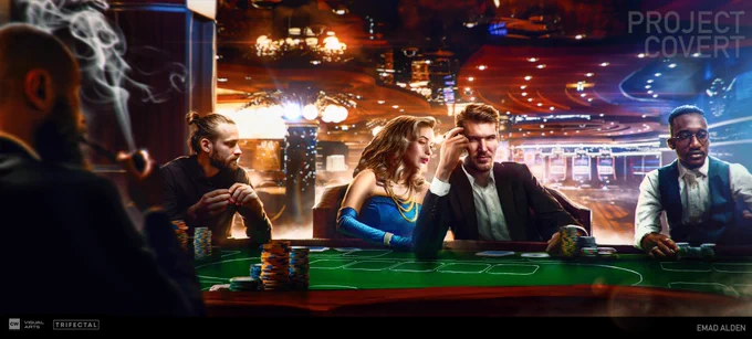 Michael Evans at a poker table, betting against Karl Voss and Christopher O' Sullivan.