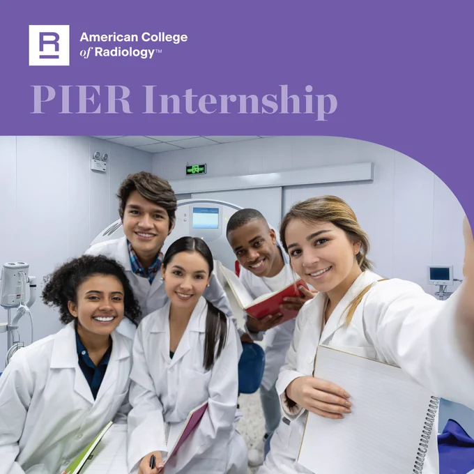 Group of five interns in lab coats taking a selfie inside a radiology room at Radiology College, promoting the PIER Internship program.