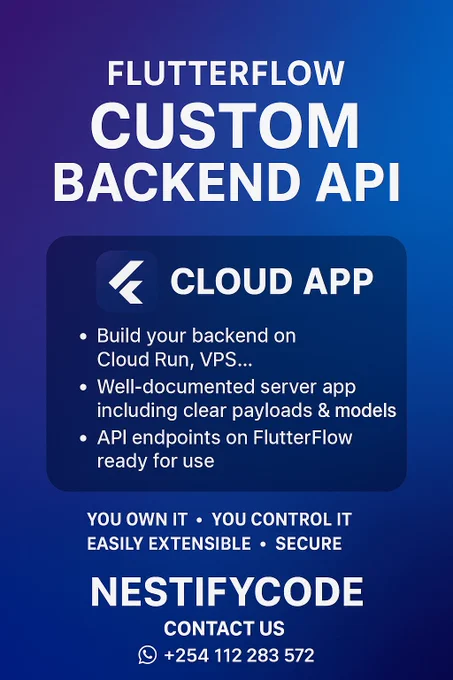 A poster from Nestifycode offering custom Backend API  for flutterflow applications
