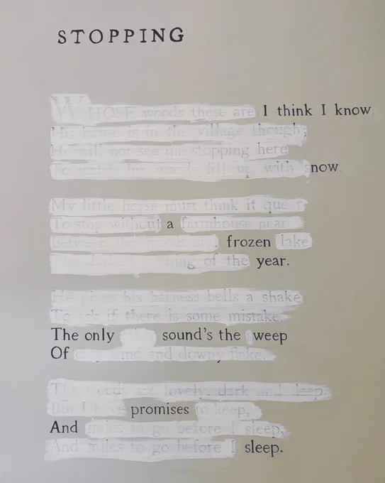 STOPPING

I think I know
now

a
frozen
year.

The only sound's the weep
Of

promises
And 
sleep