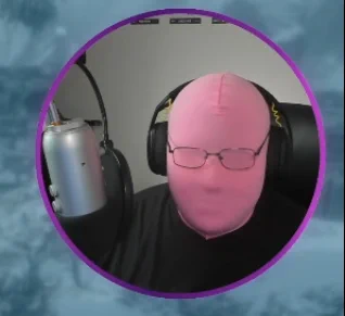 Fatsack wearing a pink spandex mask with his glasses over it