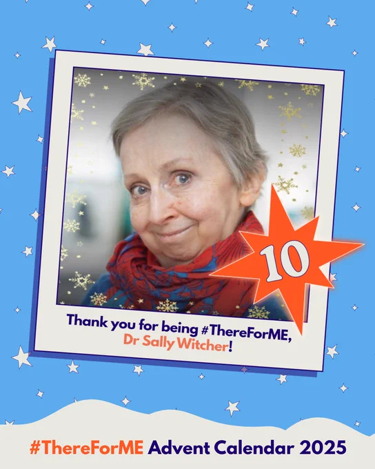 Photo of a lady with a lovely smile in a polaroid-style frame on a starry background, marked with a bright star labelled ‘10’. Text says: ‘Thank you for being #ThereForME, Dr Sally Witcher!’ and ‘Advent Calendar 2025’.
